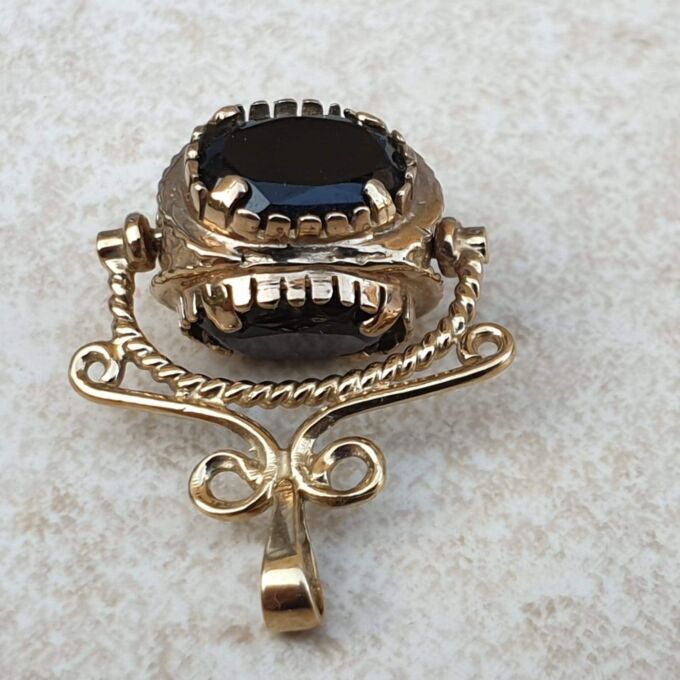 Three Stone Smoky Quartz Spinner Fob Pendant in 9ct Gold