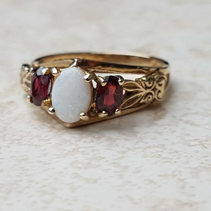 Sale – Ornate Opal and Garnet 9ct Gold Ring, a UK L 1/2 or a US 6 1/4.