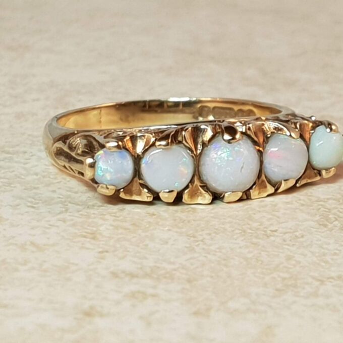 Five Stone Vintage Opal Ring in 9ct Yellow Gold, a UK N or a US 6 3/4 – 7.