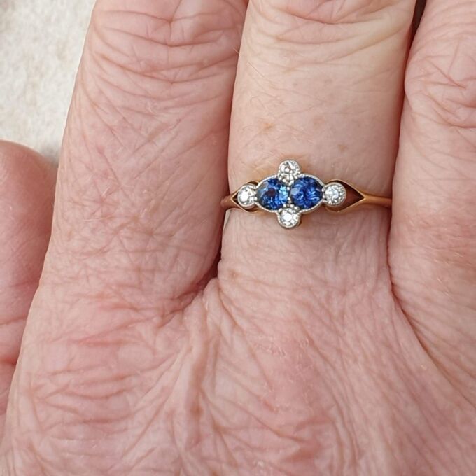 Twin Sapphire and Diamond Ring in 18ct Gold,  a UK P or a US 8.