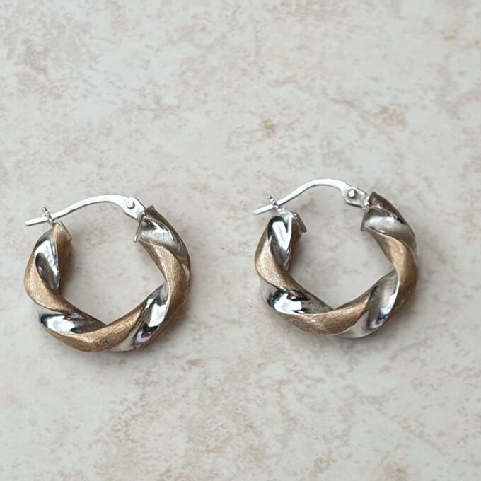 Two Colour Twisted Hoop Earrings in 9ct Gold