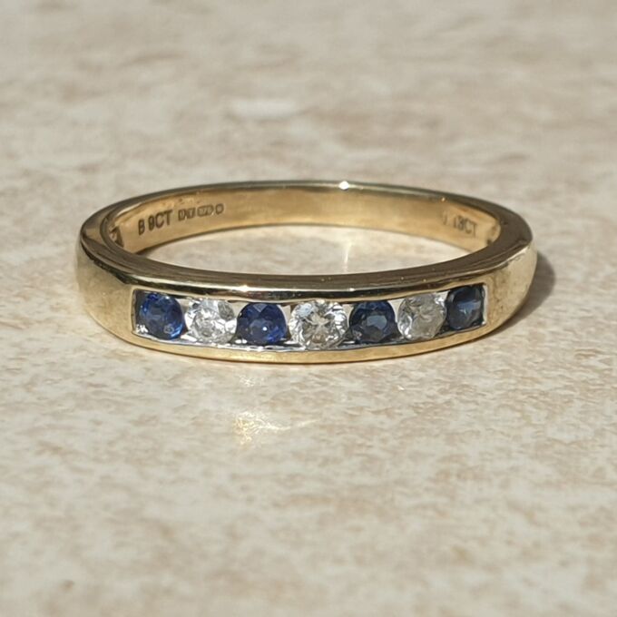 Channel Set Sapphire and Diamond Ring in 9ct Gold, a UK L 1/2 or a US 6 1/4