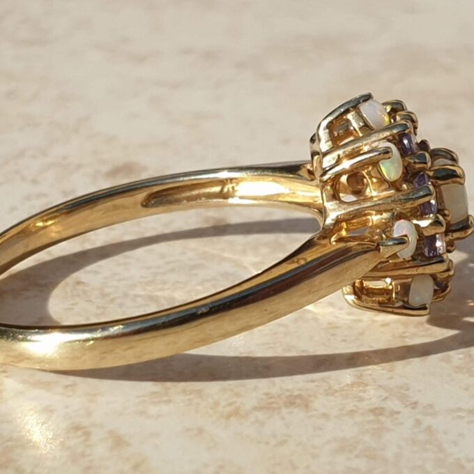 Opal and Tanzanite Cluster Ring in 9ct Gold,  a UK T 1/2 or a US 10.