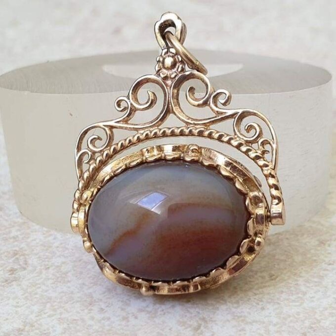 Tigers Eye and Agate Ornate Spinner Fob Pendant in 9ct Gold