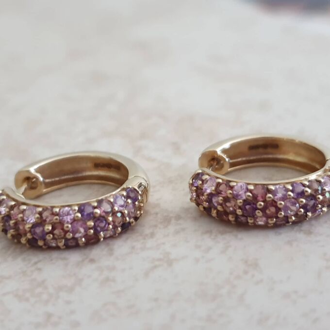 Tri Colour Gemset Huggie Hoop Earrings in 9ct Gold