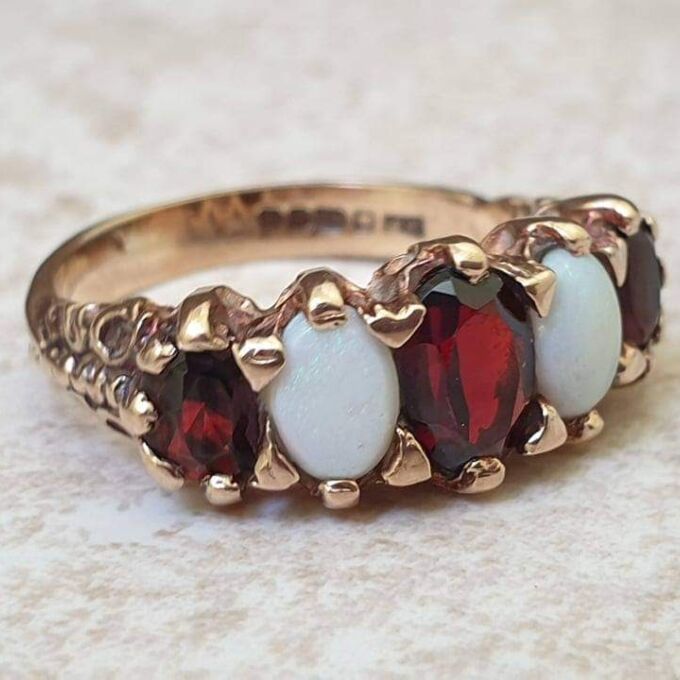 Chunky Opal and Garnet Ring in 9ct Gold, a UK L 1/2 or a US 6 1/4