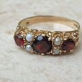Garnet and Seed Pearl Ring in 9ct Gold.