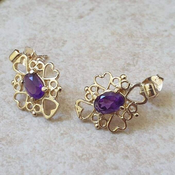 Amethyst Heart Detail Earrings in 9ct Gold