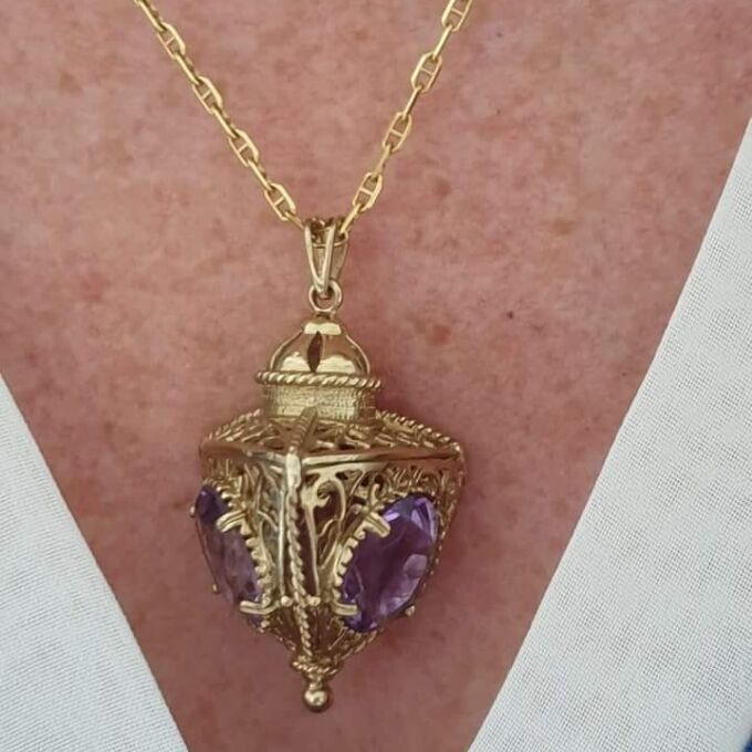 Large Three Sided Amethyst Lantern Pendant in 9ct Gold.