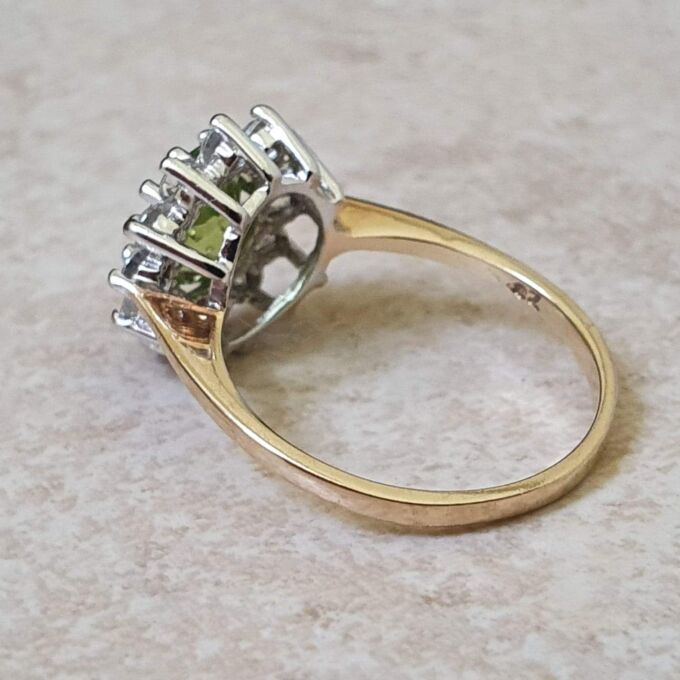 Peridot Green and White Cluster Ring in 9ct Gold.