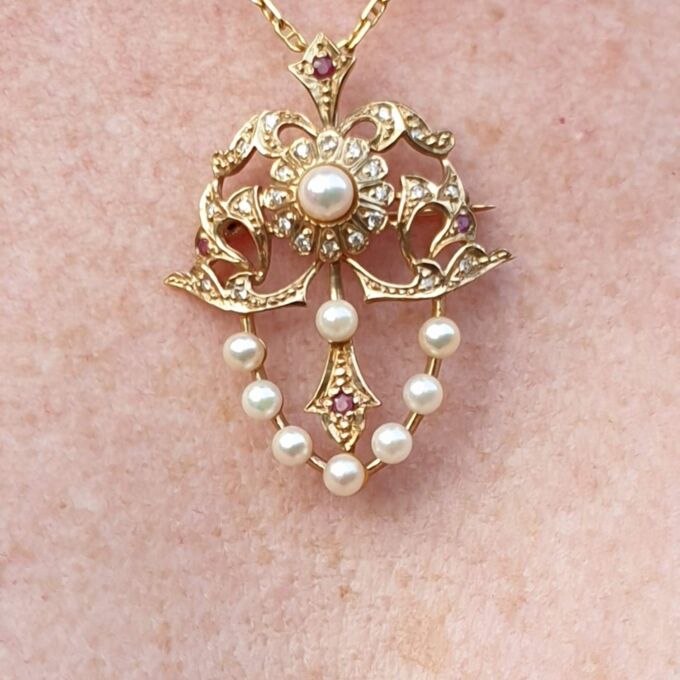 RESERVED – Pearl, Diamond and Ruby Brooch and Pendant in 9ct gold