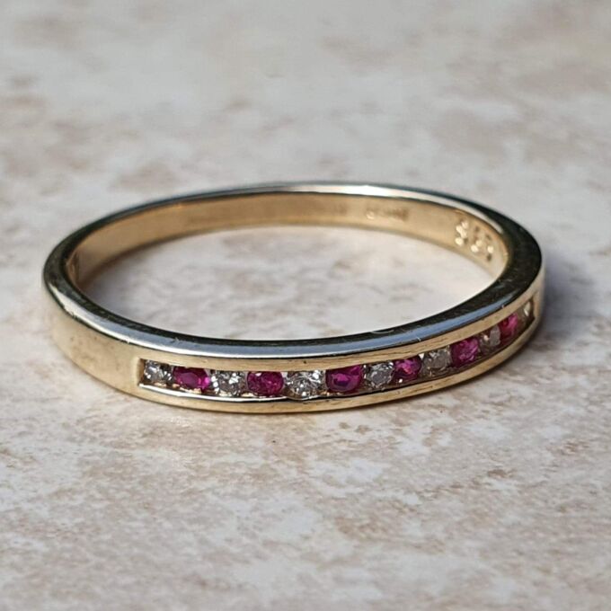 Channel Set Ruby and Diamond Narrow Band in 9ct Gold.