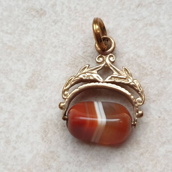 RESERVED – Banded Agate Spinner Fob in 9ct Gold
