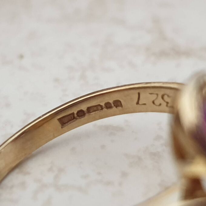 Ruby & Paste Scroll Ring in 9ct Gold.