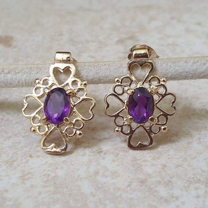 Amethyst Heart Detail Earrings in 9ct Gold