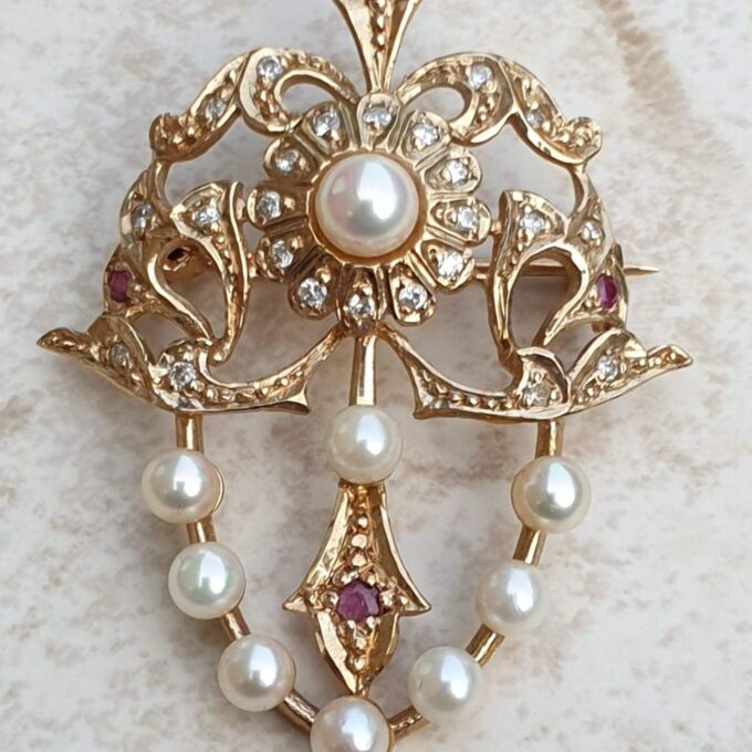 RESERVED – Pearl, Diamond and Ruby Brooch and Pendant in 9ct gold