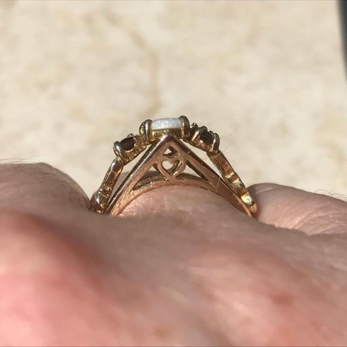 Sale – Ornate Opal and Garnet 9ct Gold Ring, a UK L 1/2 or a US 6 1/4.