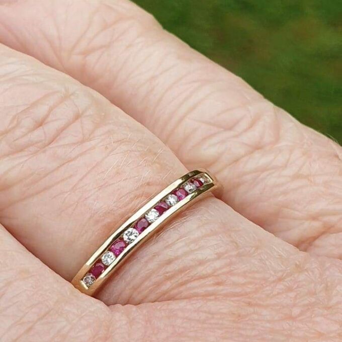 Channel Set Ruby and Diamond Narrow Band in 9ct Gold.