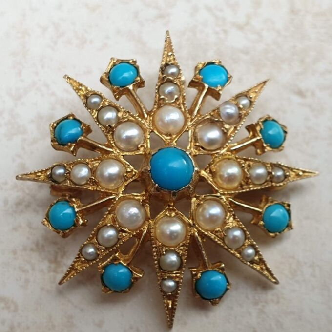 Turquoise and Pearl Star Snowflake Brooch and Pendant in 9ct Gold ...