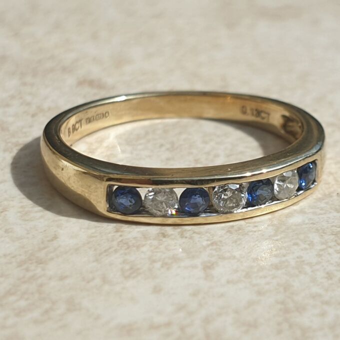 Channel Set Sapphire and Diamond Ring in 9ct Gold, a UK L 1/2 or a US 6 1/4