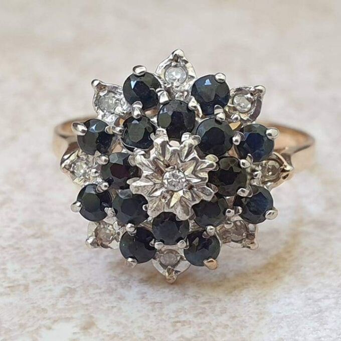 Sapphire and Diamond Cluster Ring in 9ct Gold, a UK O or  US 7 1/2