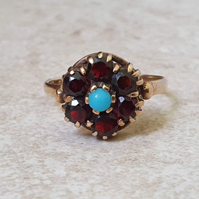 Garnet and Turquoise Ring in 9ct Gold.