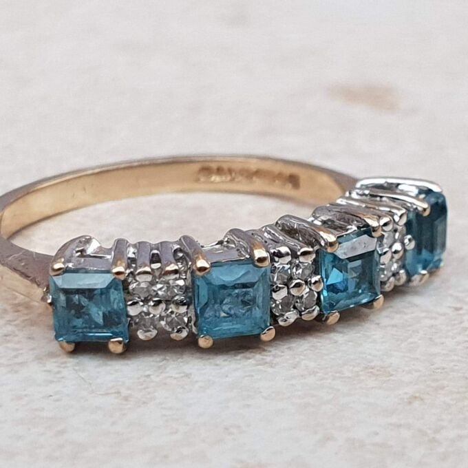 Bright Swiss Blue Topaz and Diamond Band in 9ct Gold, a UK J 1/2 or a US 5 1/4.