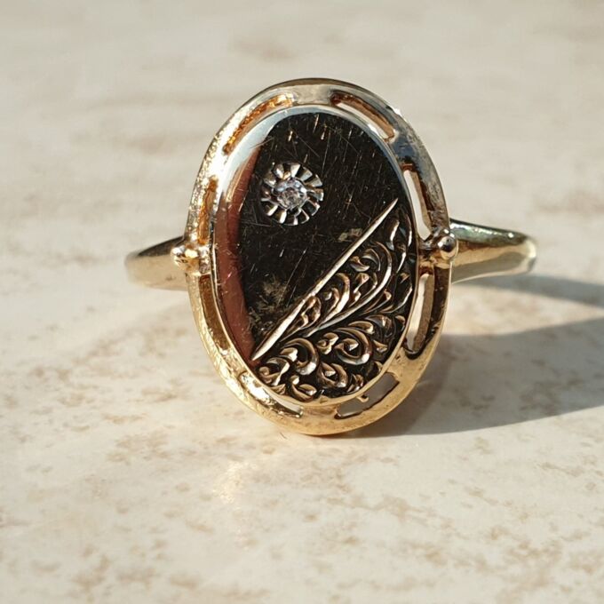 Diamond Set Engraved Signet Ring in 9ct Gold