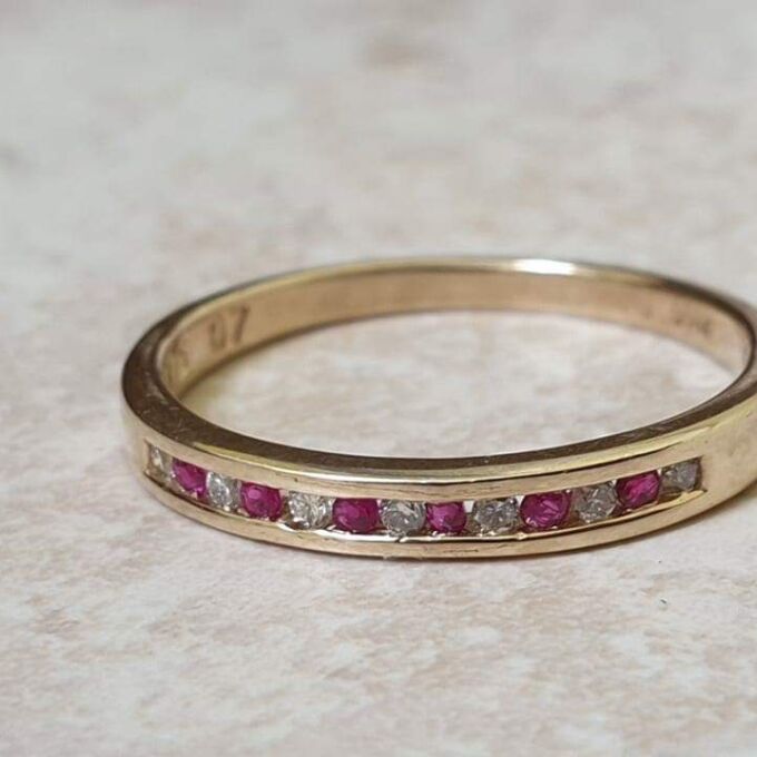 Channel Set Ruby and Diamond Narrow Band in 9ct Gold.