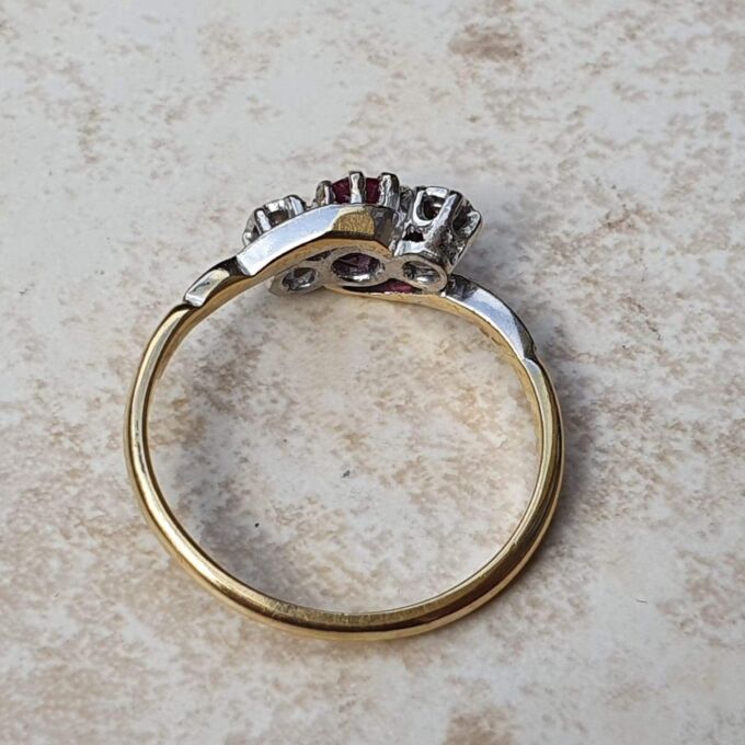 Ruby & Diamond Crossover Ring in 18ct Gold and Platinum.