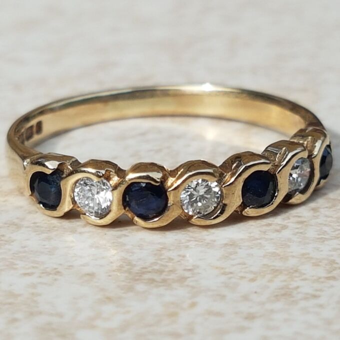 RESERVED – Sapphire and Diamond 9ct Gold Band, a UK K – K 1/2 or a US 5 3/4.
