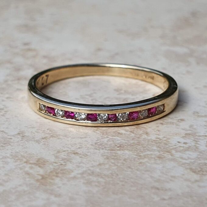 Channel Set Ruby and Diamond Narrow Band in 9ct Gold.