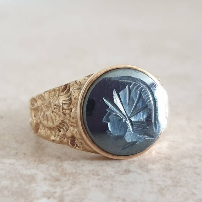 Hematite Intaglio Centurion Signet Ring in 9ct Gold.