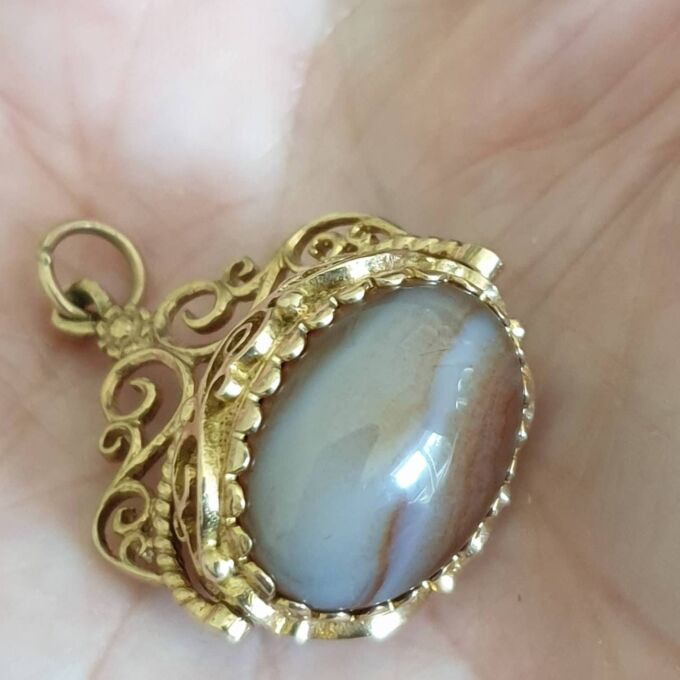 Tigers Eye and Agate Ornate Spinner Fob Pendant in 9ct Gold
