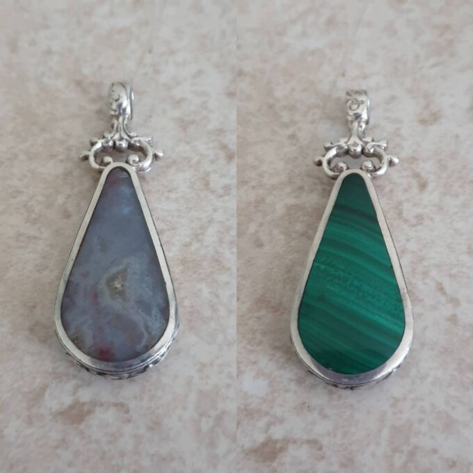 Double Sided Malachite & Agate Pendant by David Scott Walker in Sterling Silver