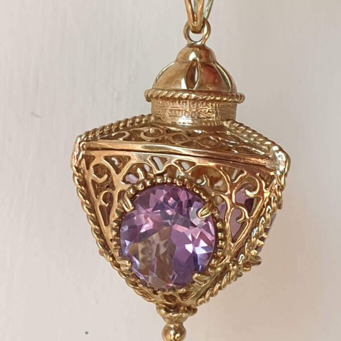 Large Three Sided Amethyst Lantern Pendant in 9ct Gold.
