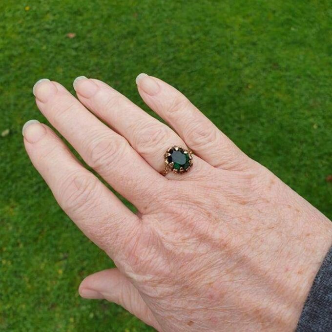Ornate Synthetic Green Tourmaline Ring in 9ct Gold.