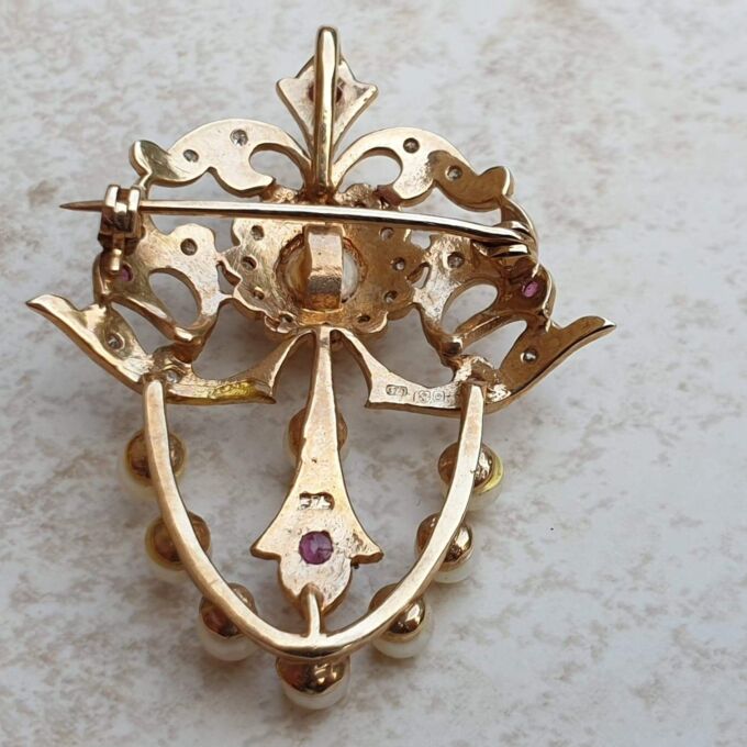 RESERVED – Pearl, Diamond and Ruby Brooch and Pendant in 9ct gold