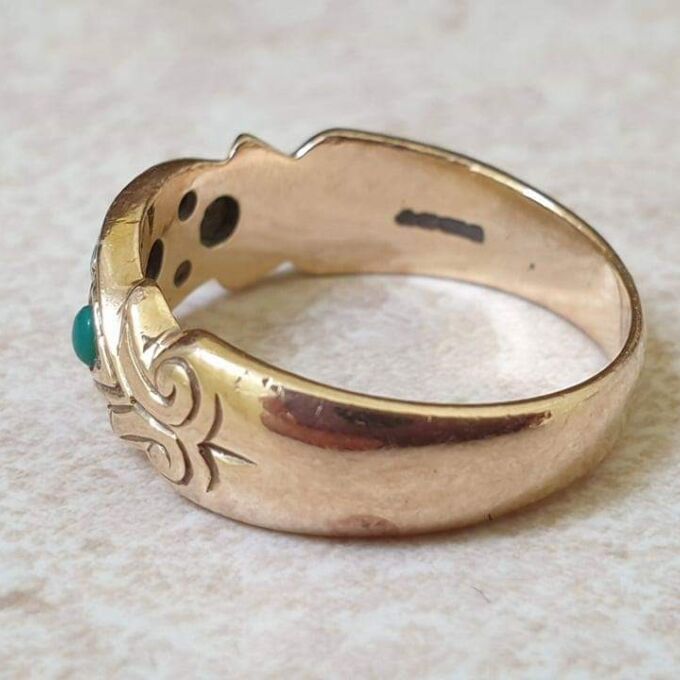 Three Stone Turquoise and Diamond Ring in 9ct Gold.