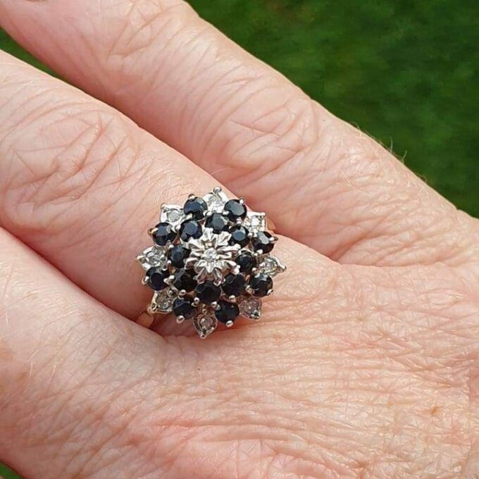 Sapphire and Diamond Cluster Ring in 9ct Gold, a UK O or  US 7 1/2