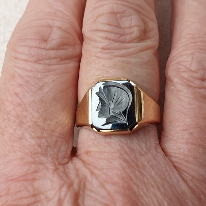 Hematite Centurion Intaglio Signet Ring in 9ct Gold,  a UK O 1/2 or a US 7 3/4.