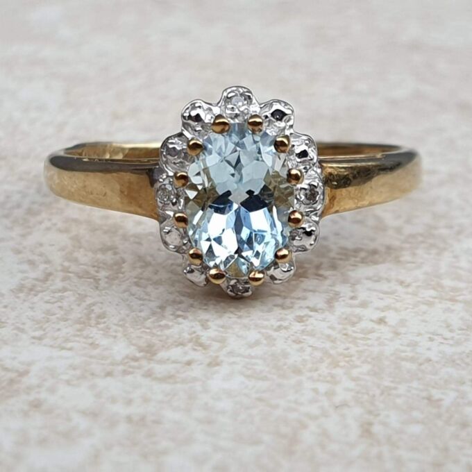 Aquamarine and Diamond Cluster Ring in 9ct Gold,  a UK M 1/2 or a US 6 3/4.