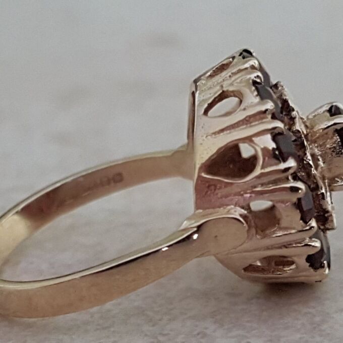 Bold Garnet Halo Cluster Ring in 9ct Gold, a UK N or a US 7.