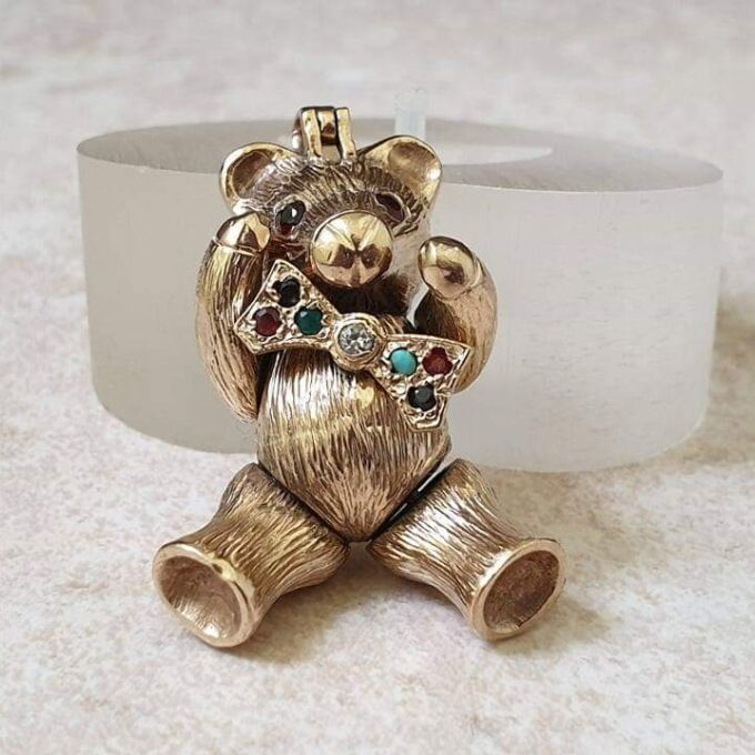 Heavy Articulated Teddy Bear with Dickie Bow in 9ct Gold