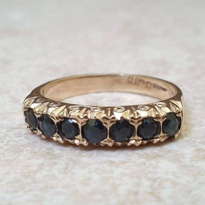 Seven Stone Dark Sapphire Band Ring in 9ct Gold