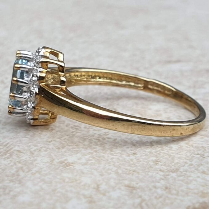 Aquamarine and Diamond Cluster Ring in 9ct Gold,  a UK M 1/2 or a US 6 3/4.