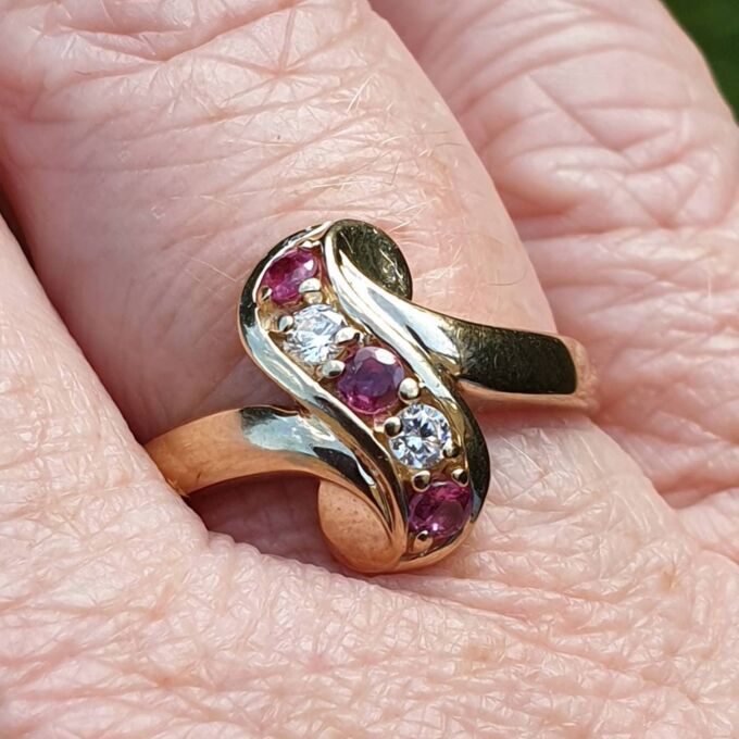 Ruby & Paste Scroll Ring in 9ct Gold.