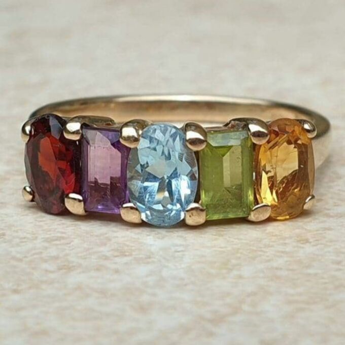 Reserved – Rainbow Multi Stone Ring in 9ct Gold, a UK M 1/2 or a US 6 1/2