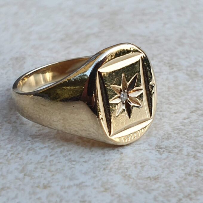 Heavy Oval Diamond Set Signet in 9ct Gold.