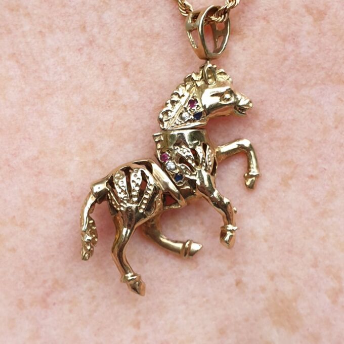 Horse or Pony Pendant with Rubies and Sapphires in 9ct Gold